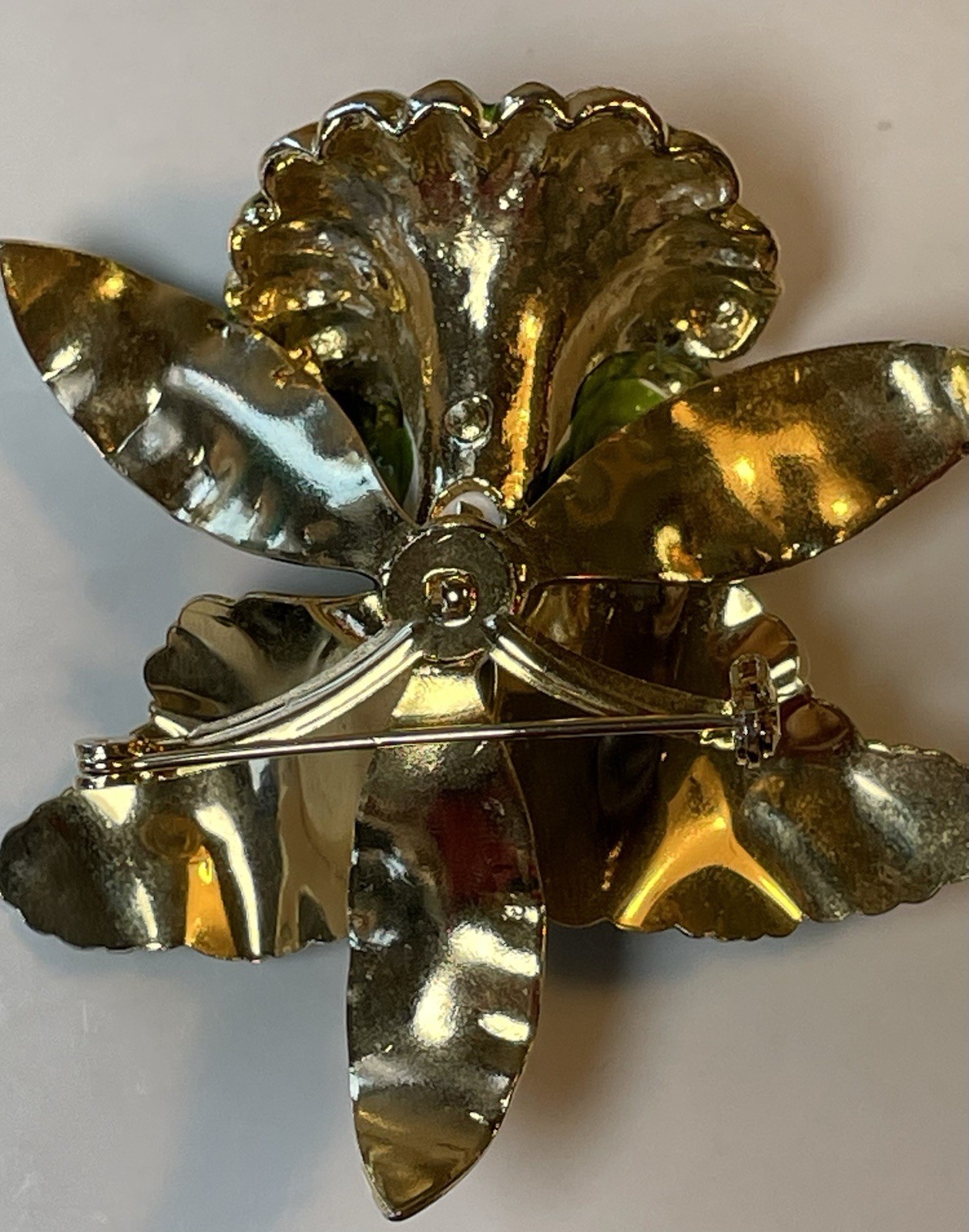 Green Enamel Lily Flower Brooch Gold Rimmed and Gold Tone Metal Pin Closure