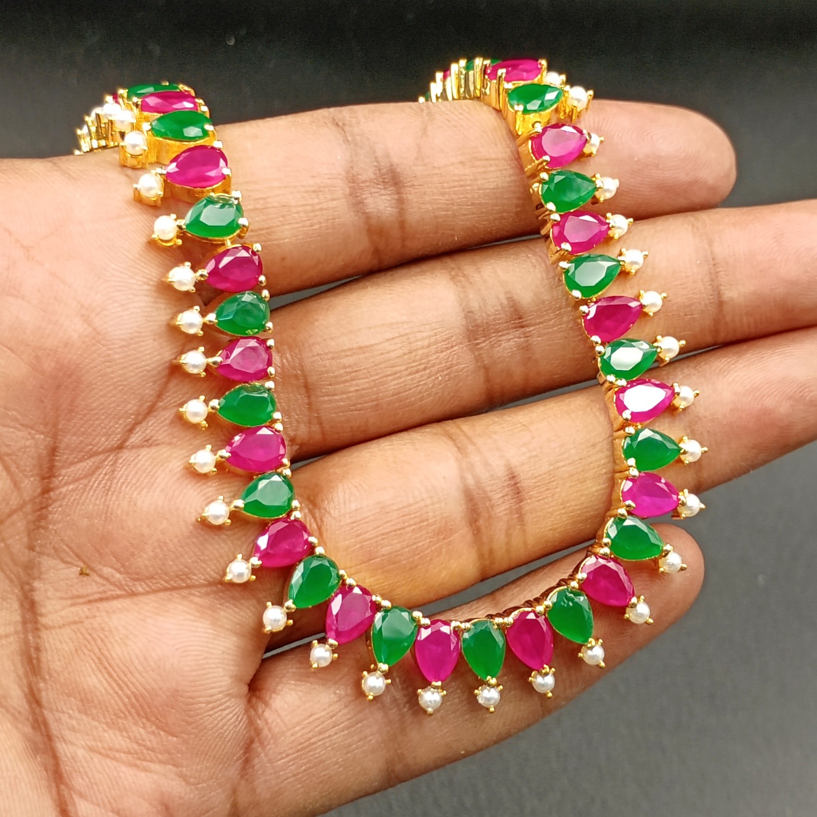 Handcrafted Ruby Emerald Pearl Jewelry Set 22k Gold Plated Ethnic Statement Set