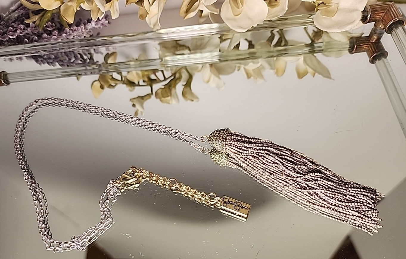 Jessica Simpson Tassel Statement Dangle Silver Necklace Adjustable 50 strands