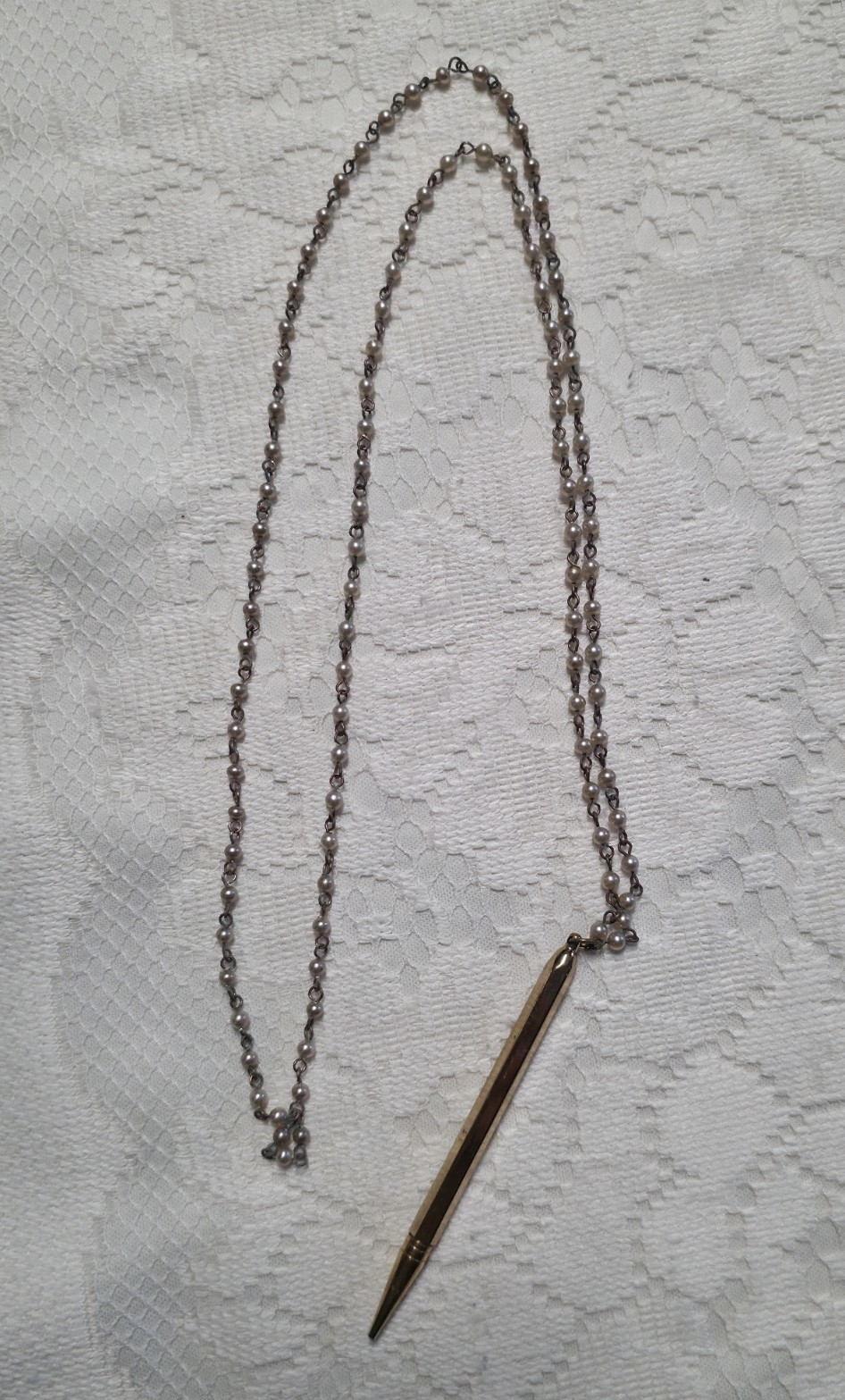 Vintage Mechanical Pencil Goldtone With Faux Pearl Chain, Mid-Century, 23 in
