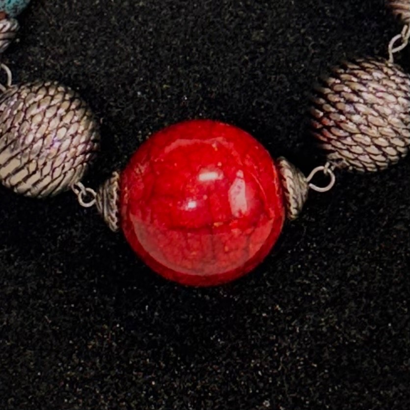 NECKLACE multicolor acrylic ceramic bead silvertone metal yarn ball beads chunky
