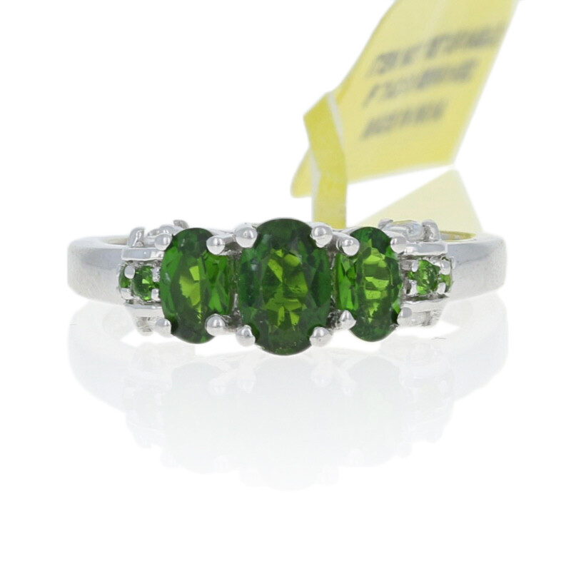 Silver Chrome Diopside & Zircon Three-Stone Ring – 925 Oval Cut 1.36ctw