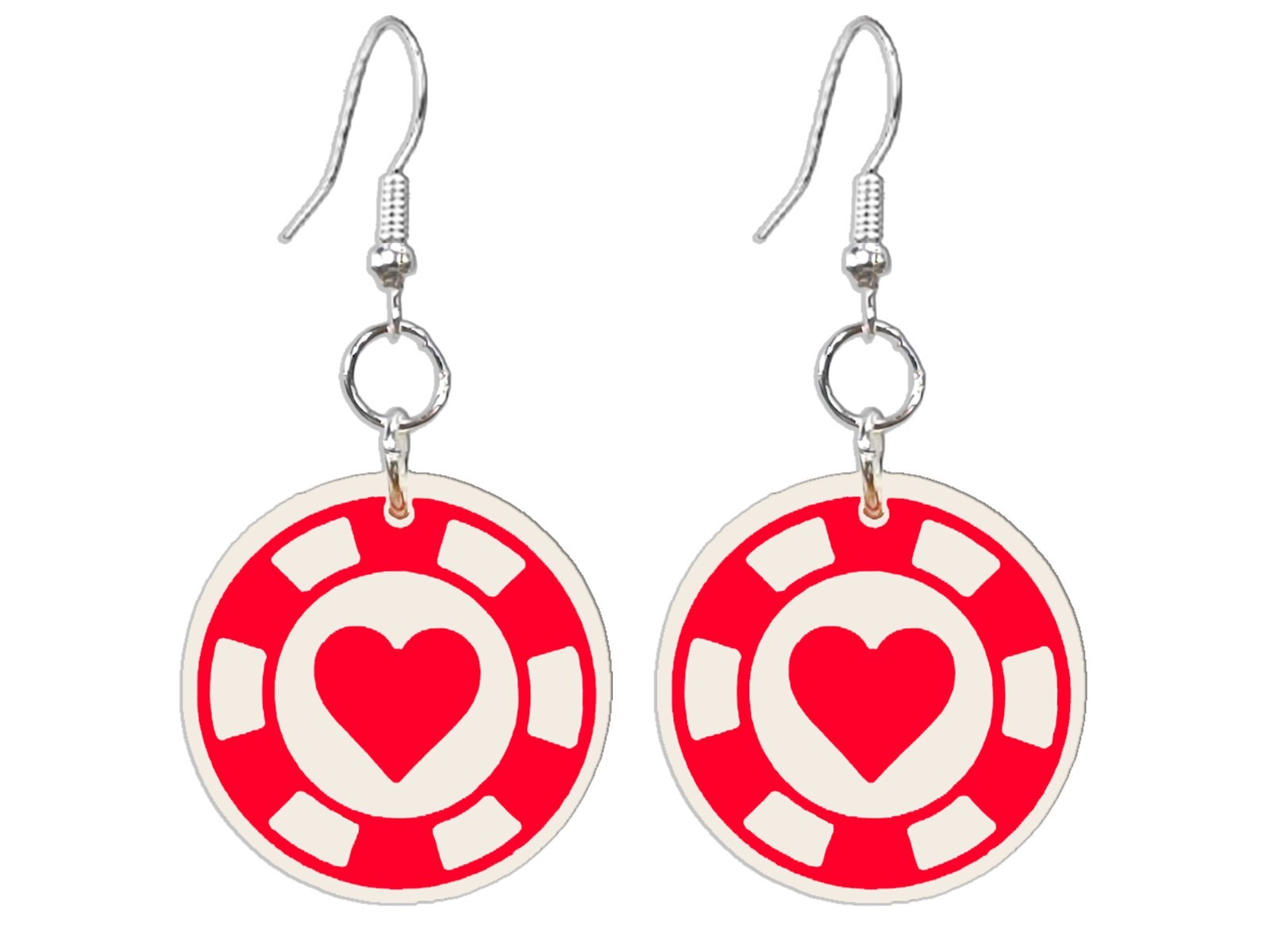 Poker Chip Earrings Hearts Casino Gambling Vegas Blackjack Roulette Card Game