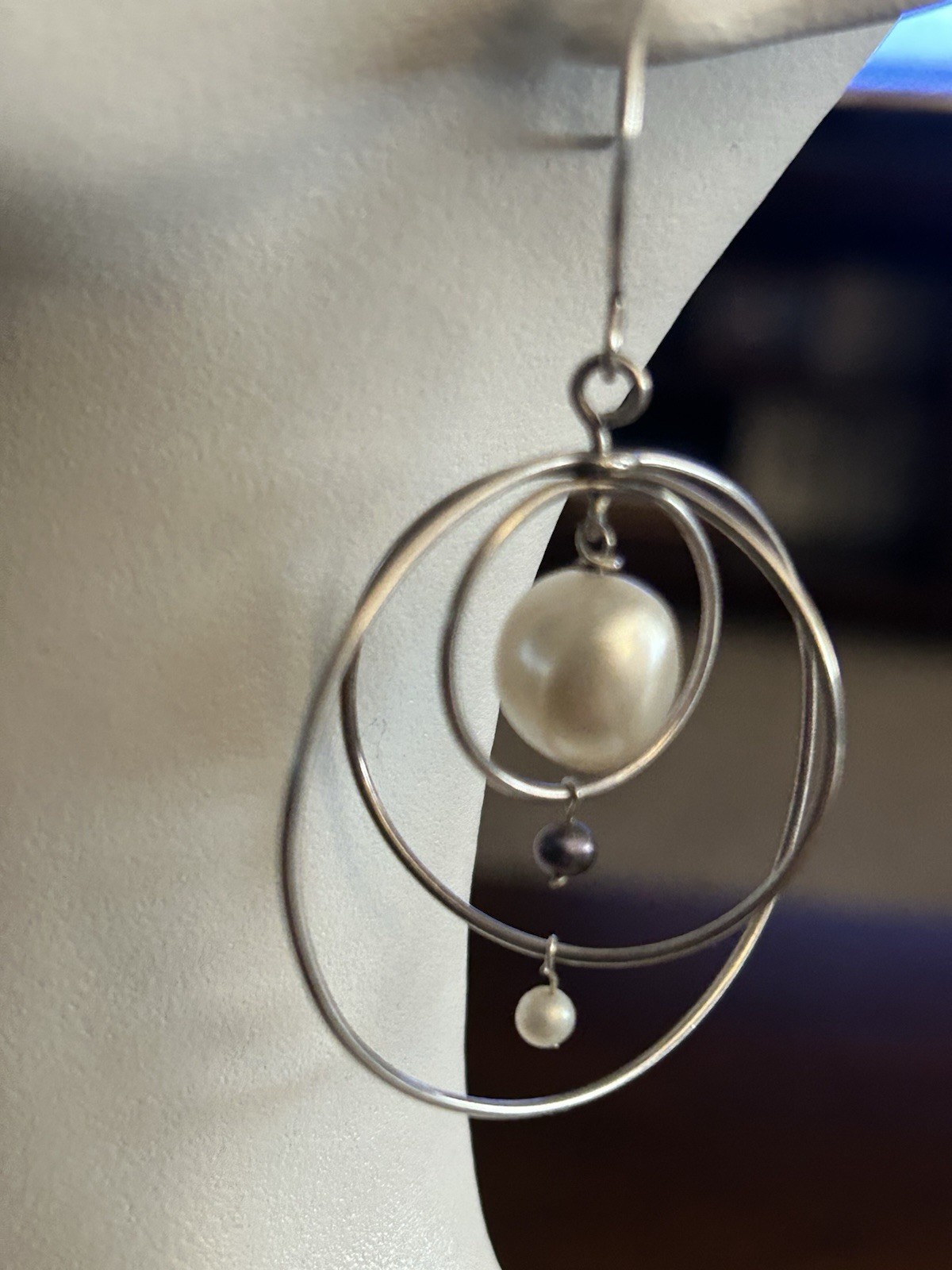 Hand Made Sterling silver Circle Multi Hoop Dangle Fresh water pearl Earrings.