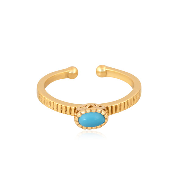 Texture Flat Band Ring – Oval Turquoise Gemstone – Birthstone – Flat Edge Gold