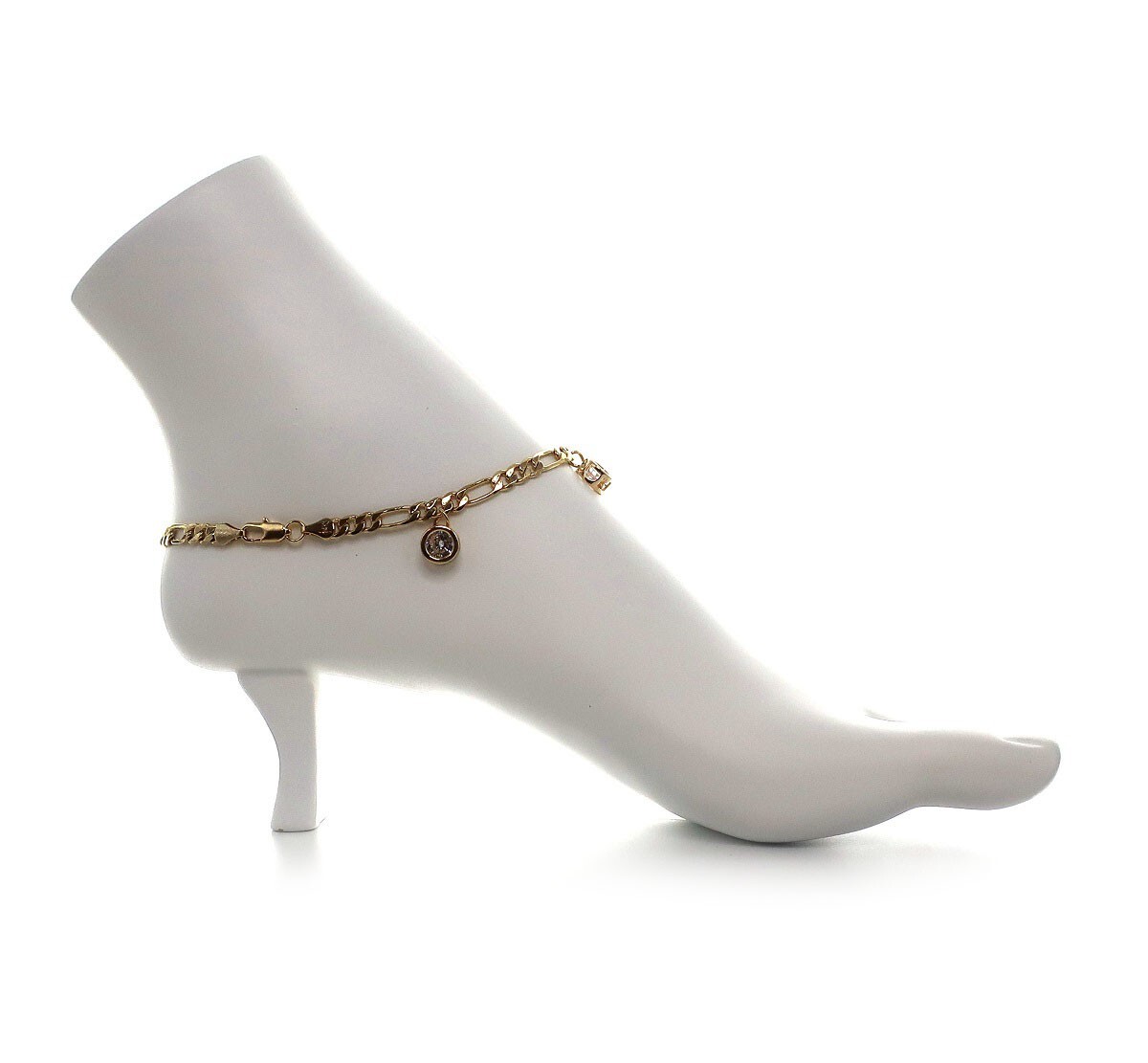Italian Figaro Link Chain Anklet Cubic Zirconia Ankle Bracelet 14k Gold Plated