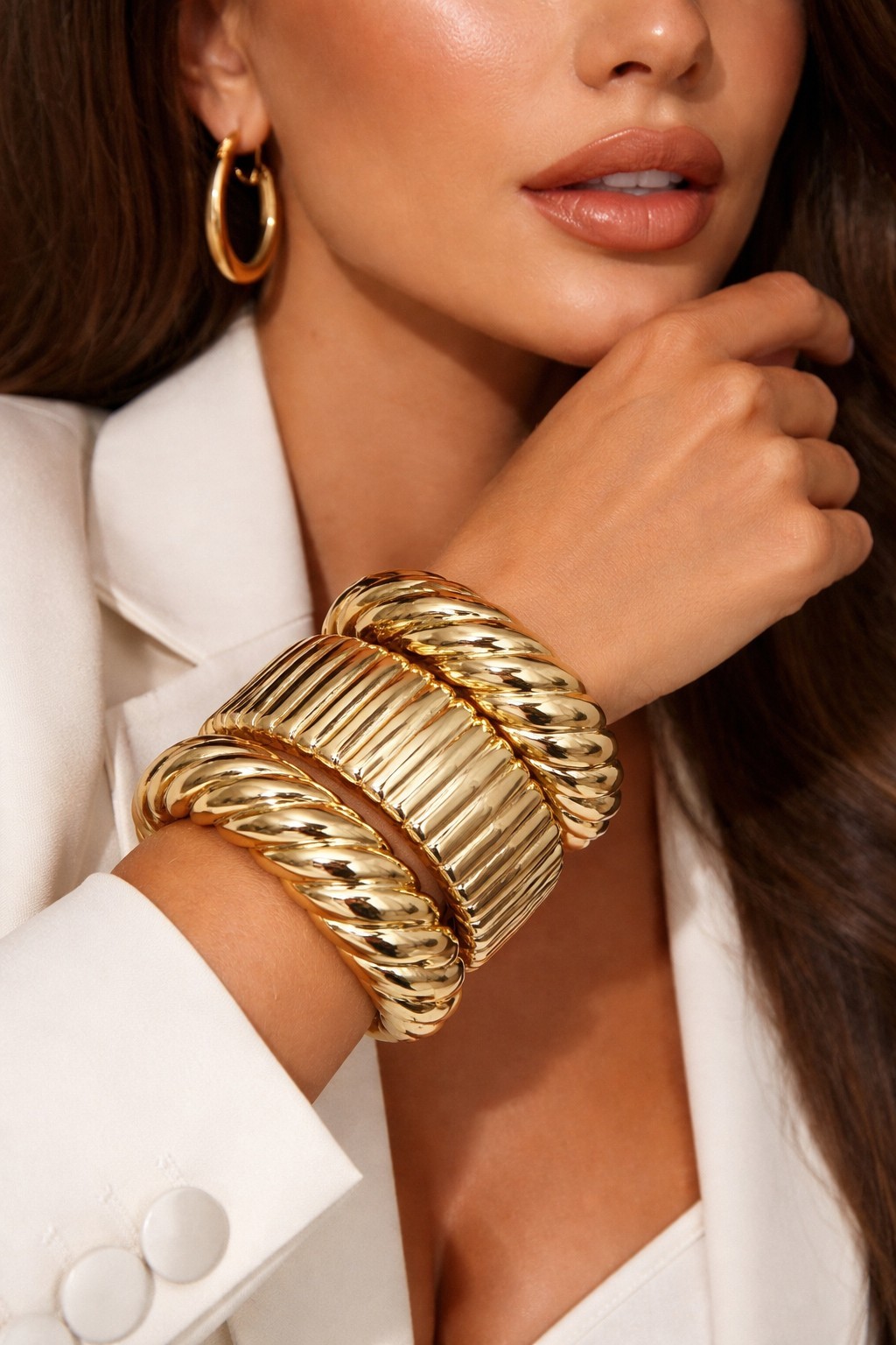 Chunky Gold Bangle Bracelet Vingtage Set For Women Stackable Statement Jewel 3pc