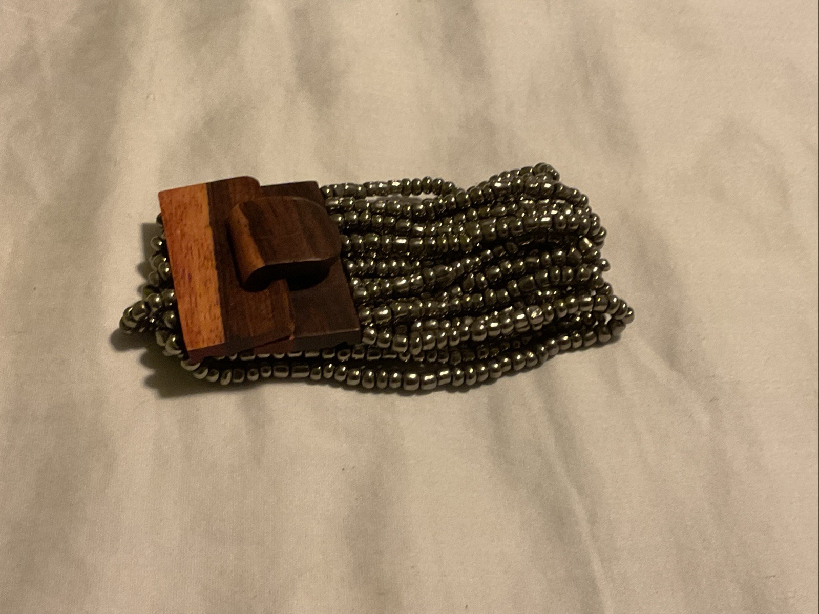 SILVER COLOR Beads BROWN WOODEN BUCKLE BALI STYLE BRACELET 14 STRANDS 8 INCHES