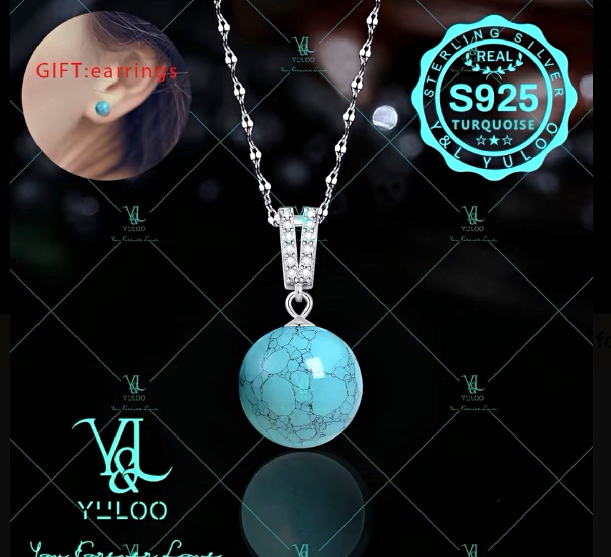 YILOO 925 Sterling Silver Blue Turquoise Round Pendant Necklace 18in Lobster
