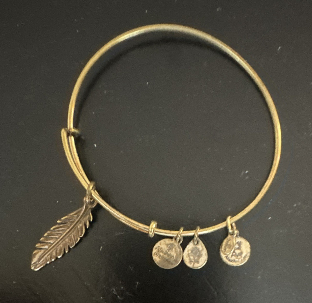 Alex and Ani Gold Tone Feather Dangle Charm Bangle Bracelet Adjustable Signed