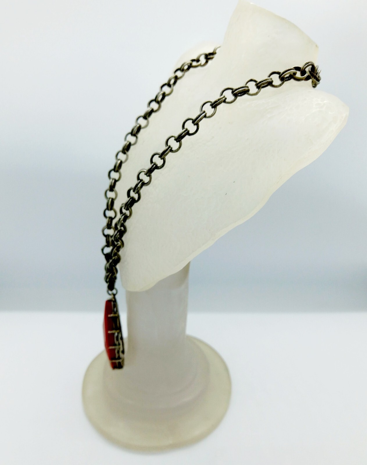 Chainmail Pewter T Bar Necklace Red Pendant 17.5″