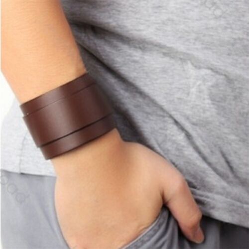 Men Leather Bracelet Adjustable Punk Wide Wrist Wrap Cuff Wristband Bangle Strap