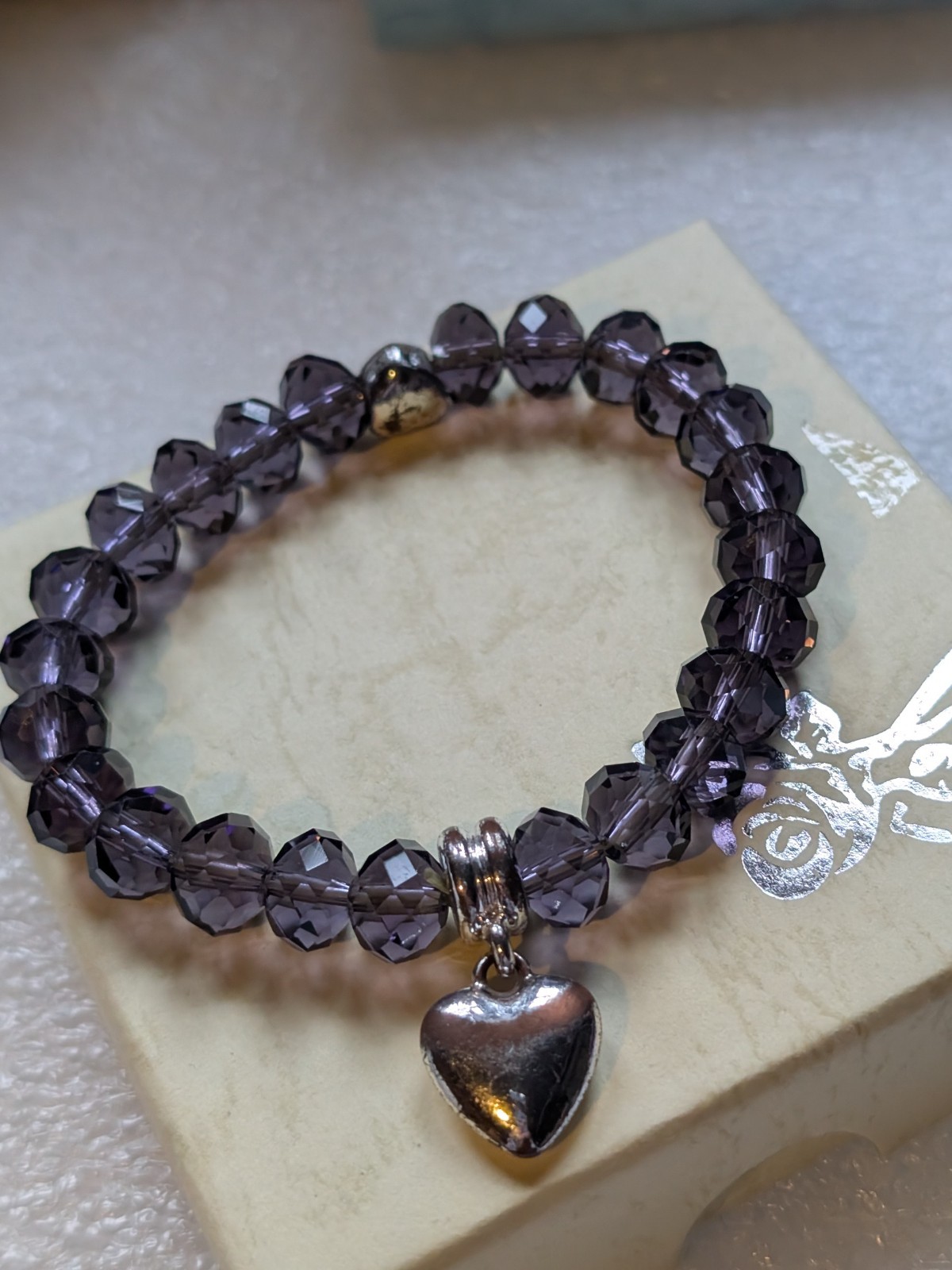 Purple Crystal Elasticated Faux Amethyst Bracelet 30g Love Heart Charm New/ Box