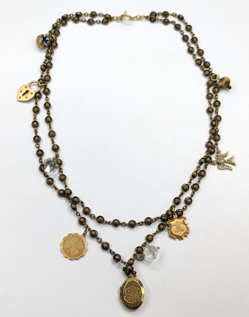 Artisan Made Bronze Charm Dove Flue De Lis Locket Clover Pendant 21″ Necklace