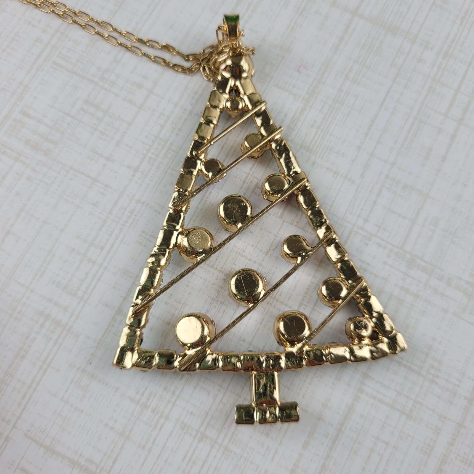 Large Rhinestone Christmas Tree Pendant Necklace Extra Long Chain 35″