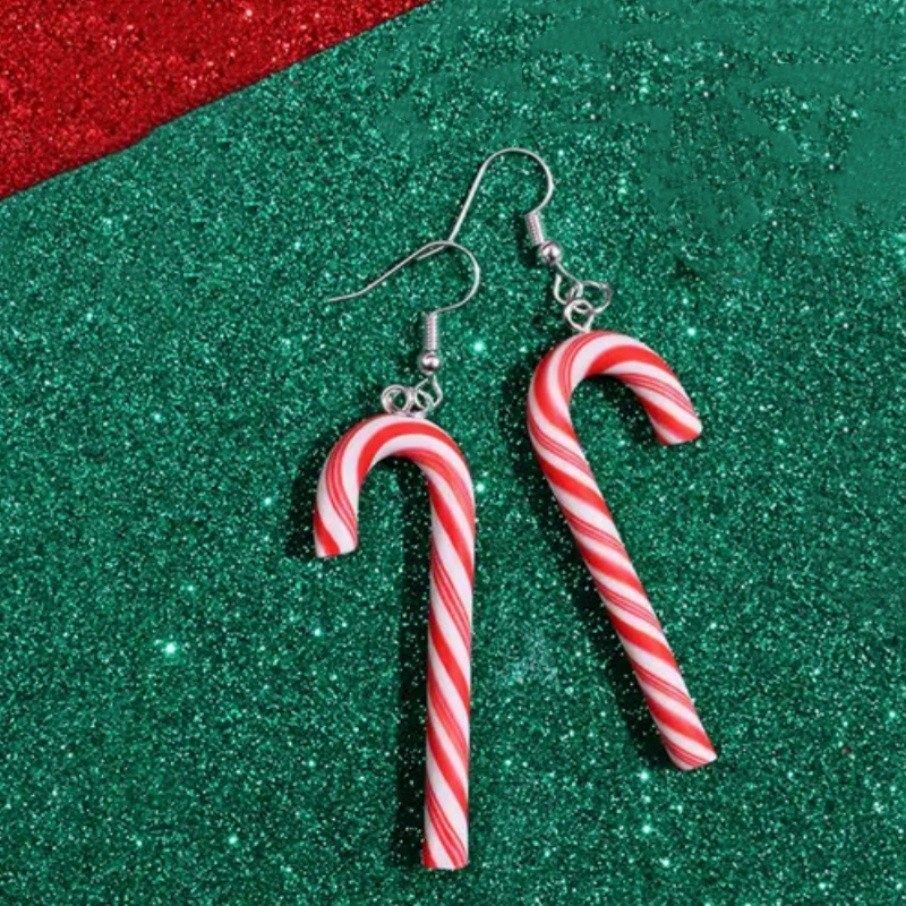 Red White Enamel Striped Ceramic Christmas Cane Silver Plated Dangle Earrings