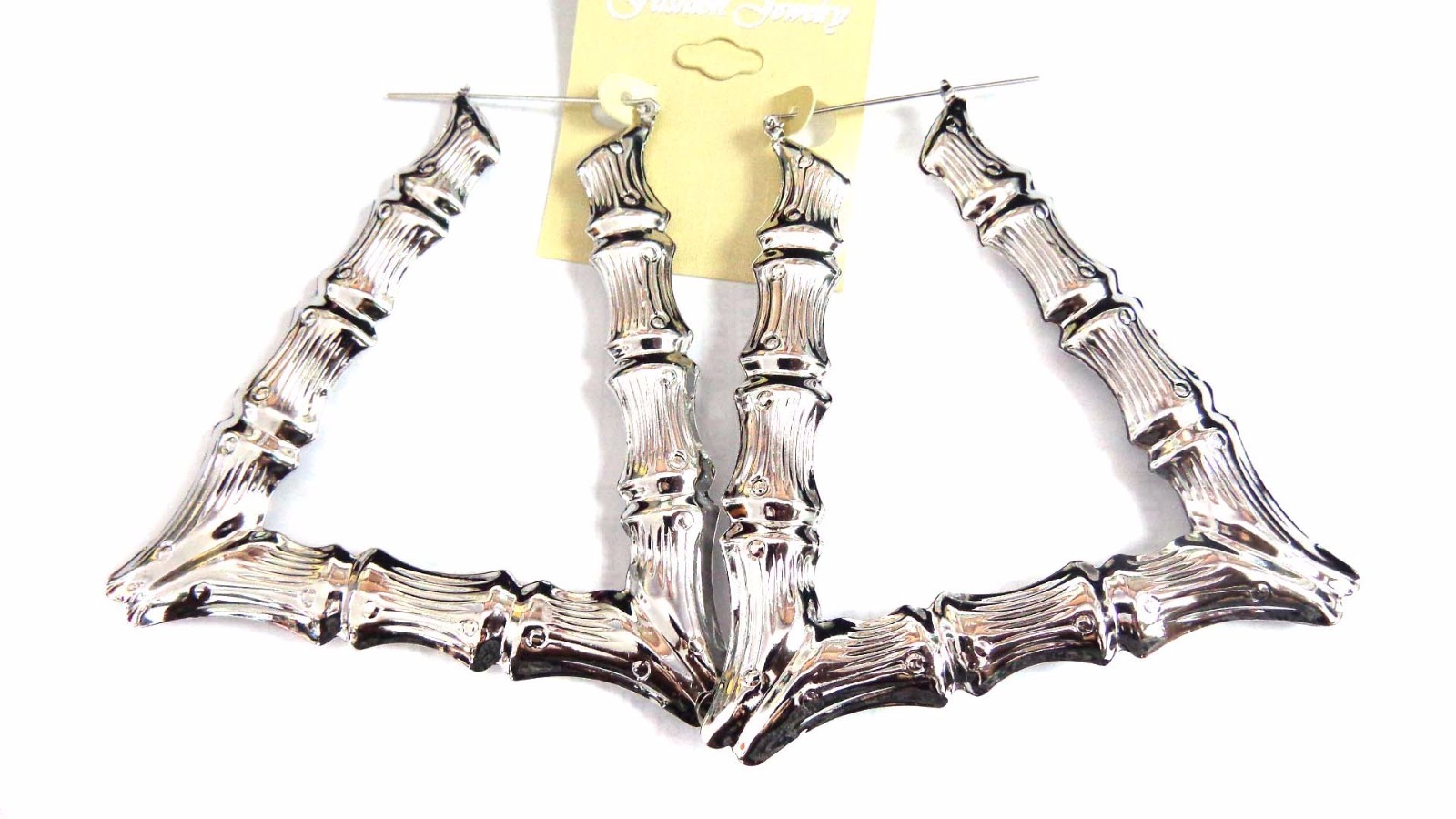 TRAPEZOID BAMBOO EARRINGS SILVER TONE HOOP EARRINGS 4 INCH TRIANGLE BAMBOO