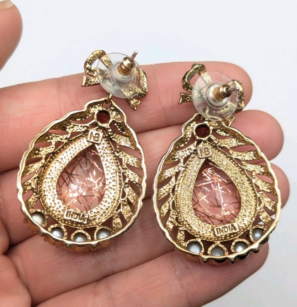 Nicky Butler NB Gold Tone Quartz Pearl Garnet Bow Drop Dangle Earrings 925 Posts