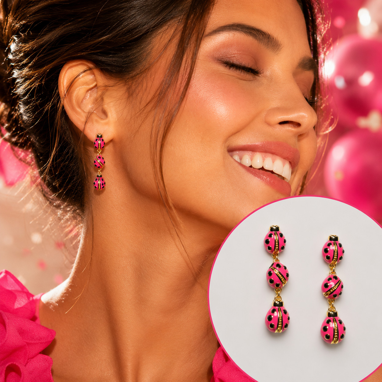 Kate Spade Gold Triple Pink Ladybug Enamel Tiered Drop Dangle Charm Earrings NEW