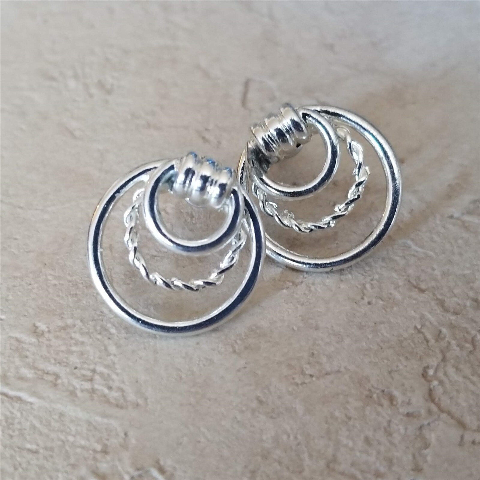 Art Deco Circles Hoop and Twist Sterling Silver Plated Stud Earrings