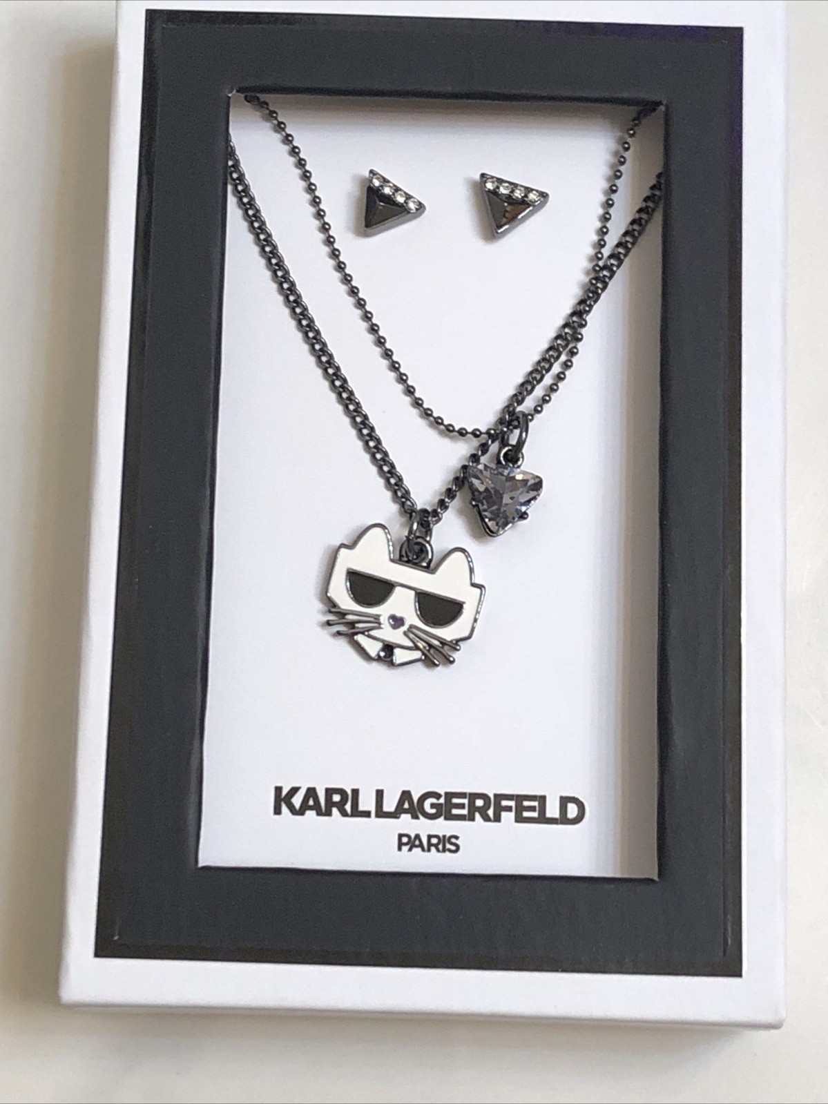 Karl Lagerfeld Paris Choupette Layered Pendant Necklace & Stud Earring Set NIB