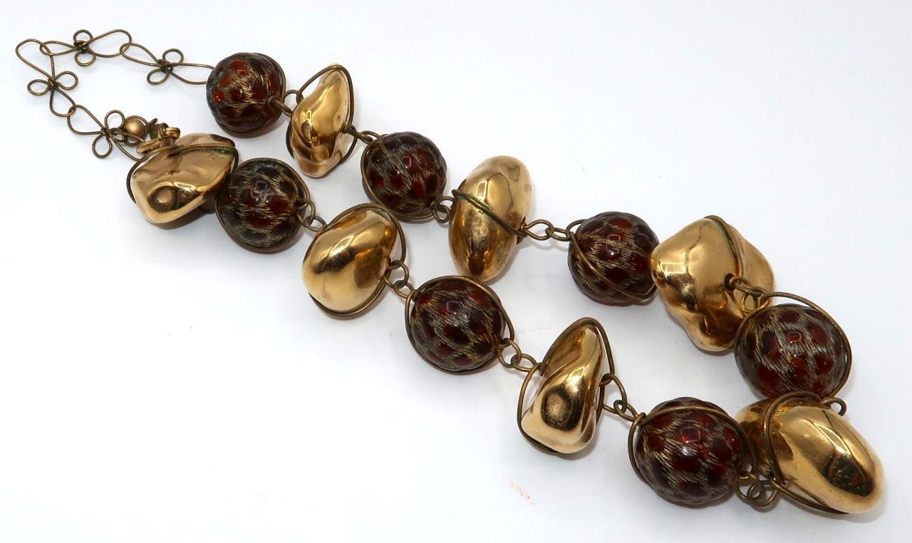 ABRA Chunky Necklace, Brass Fishnet Lucite Bead, 1.5″ Wide, 19″ Length
