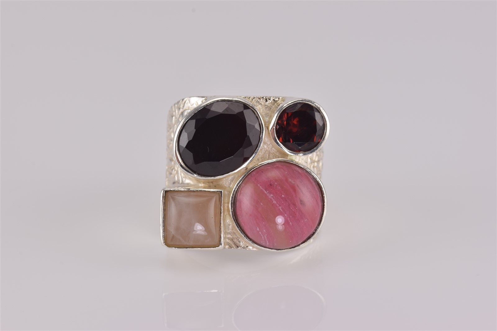 DTR Sterling Silver Rhodochrosite Garnet Quartz Textured Band Ring 925 Sz: 10