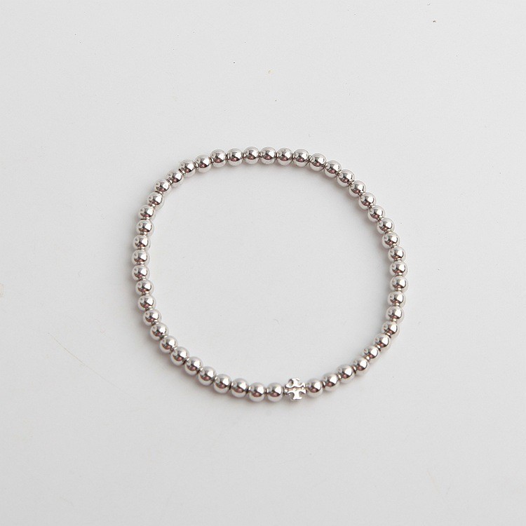 New Burch Silver Beaded Stretch Elastic Bracelet Double T Logo with Jewelry Pouc