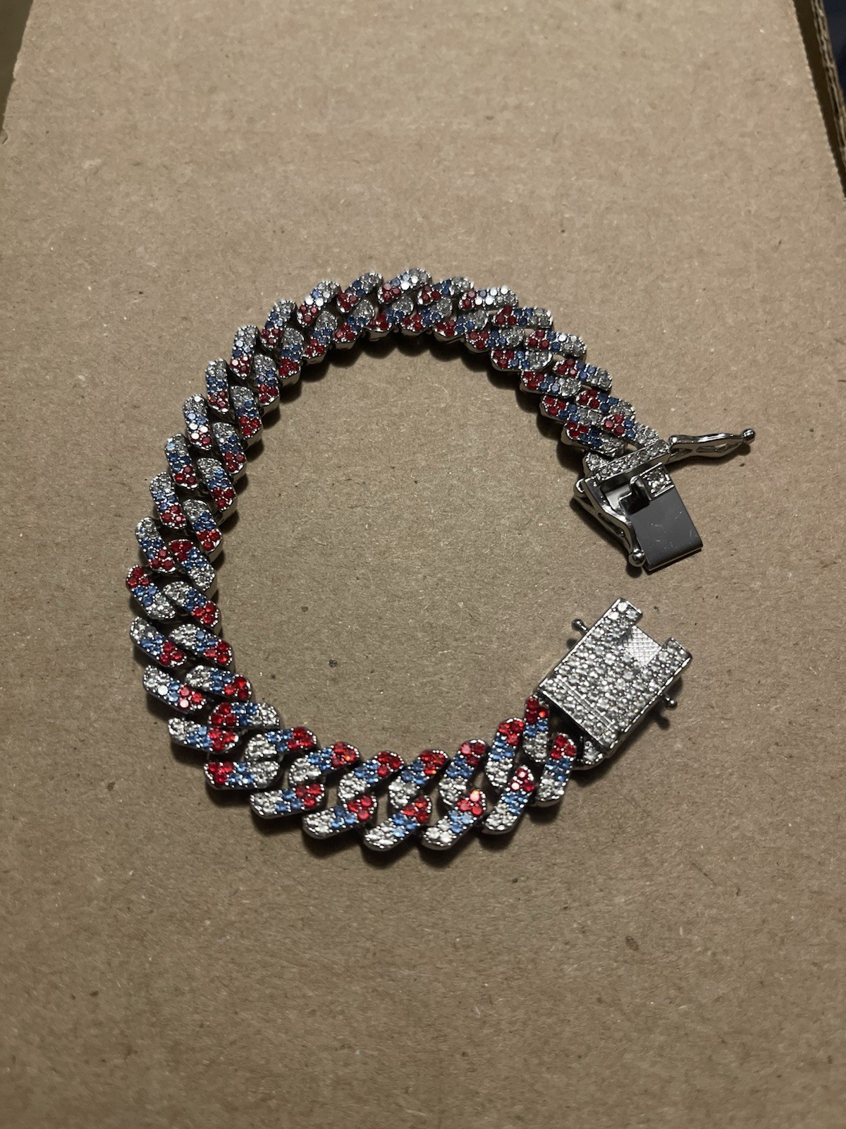 Invicta Cuban Link Chain Bracelet Silver/Red/Blue Push Lock Signed