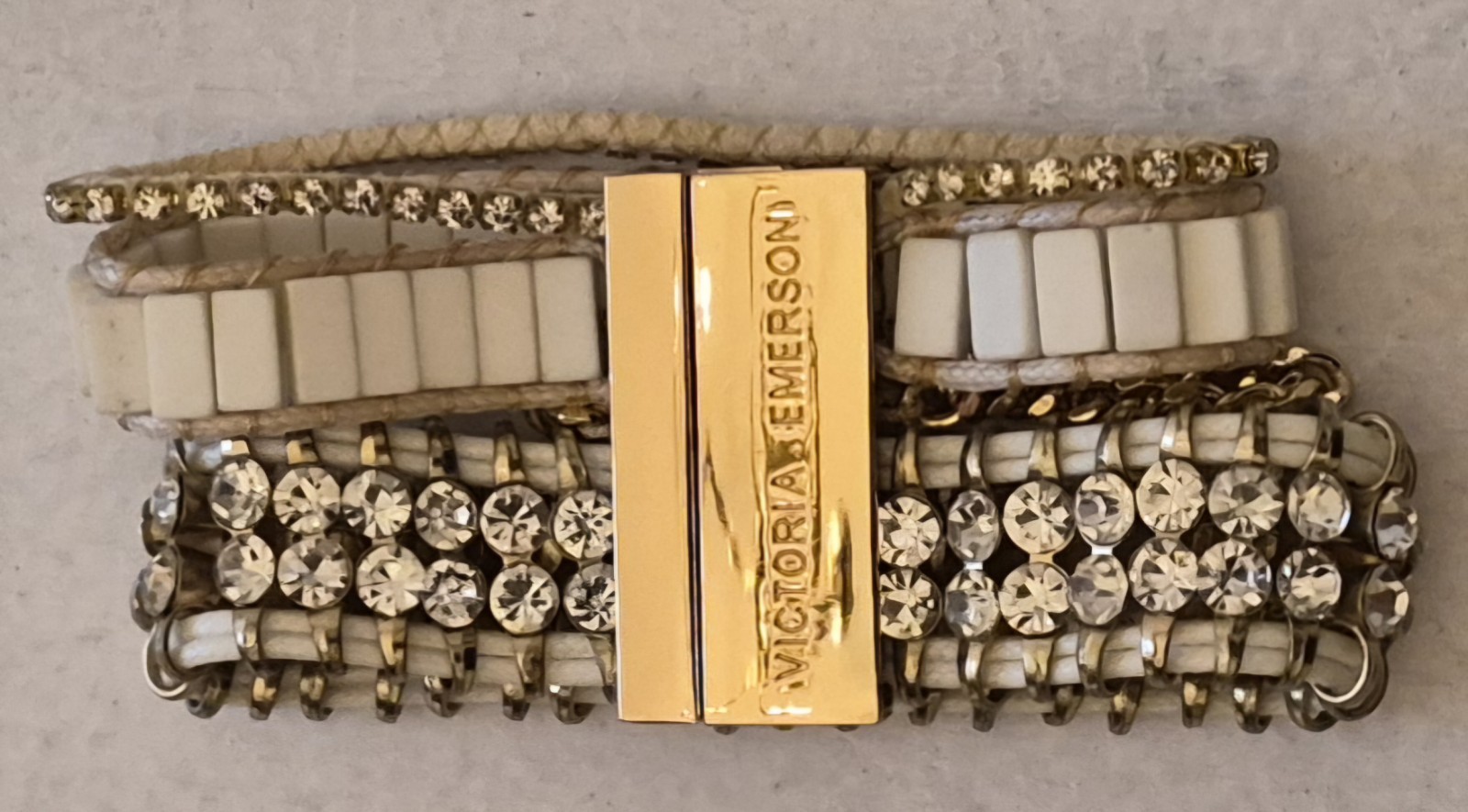 Victoria Emerson Boho Cuff Bracelet Multi Strand Beaded Crystal Leather Cream