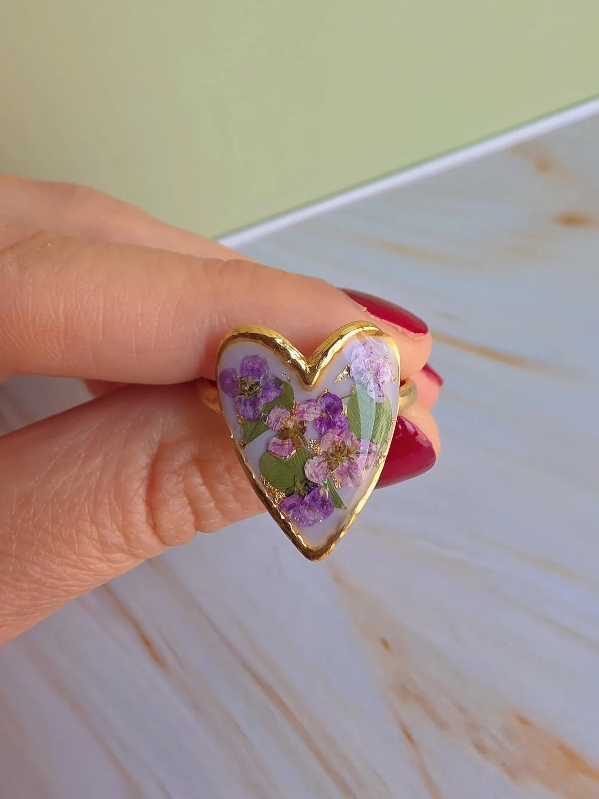 14k Yellow Gold Heart Ring Pressed Flower Plated Resin Adjustable Botanical Gift