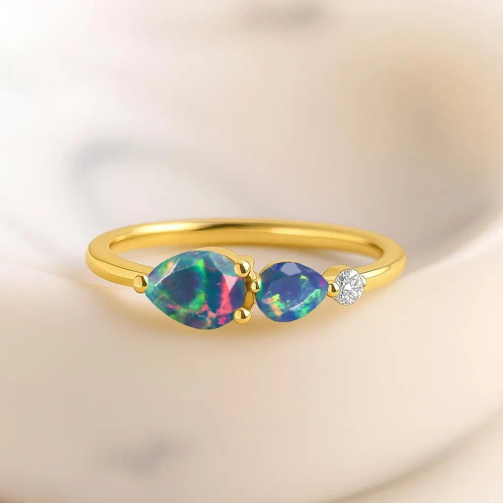 Natural Black Opal Three Gemstone Stackable Ring, Fire Opal Gemstone Gold Ring