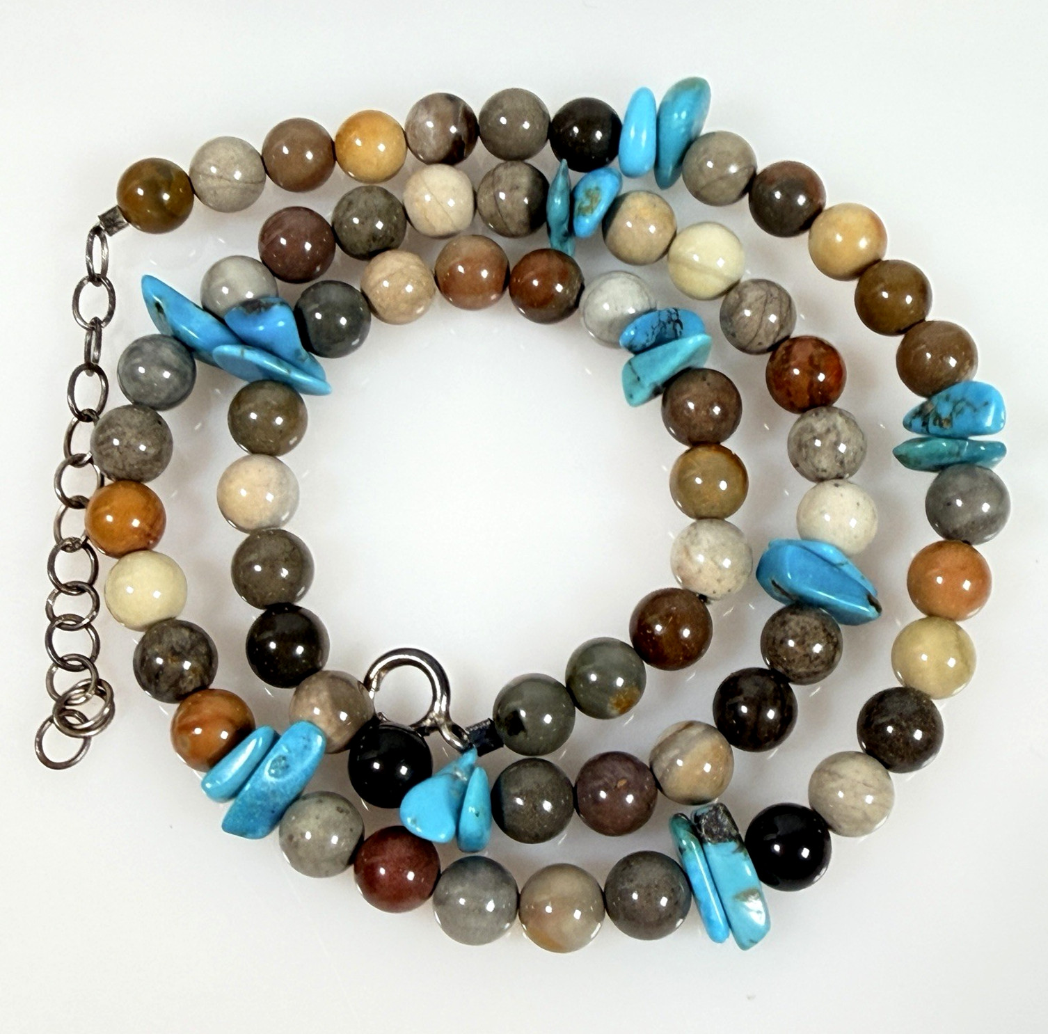 Artisan Necklace Mixed Gemstone Turquoise Jasper Round Polished Beads 925 Clasp