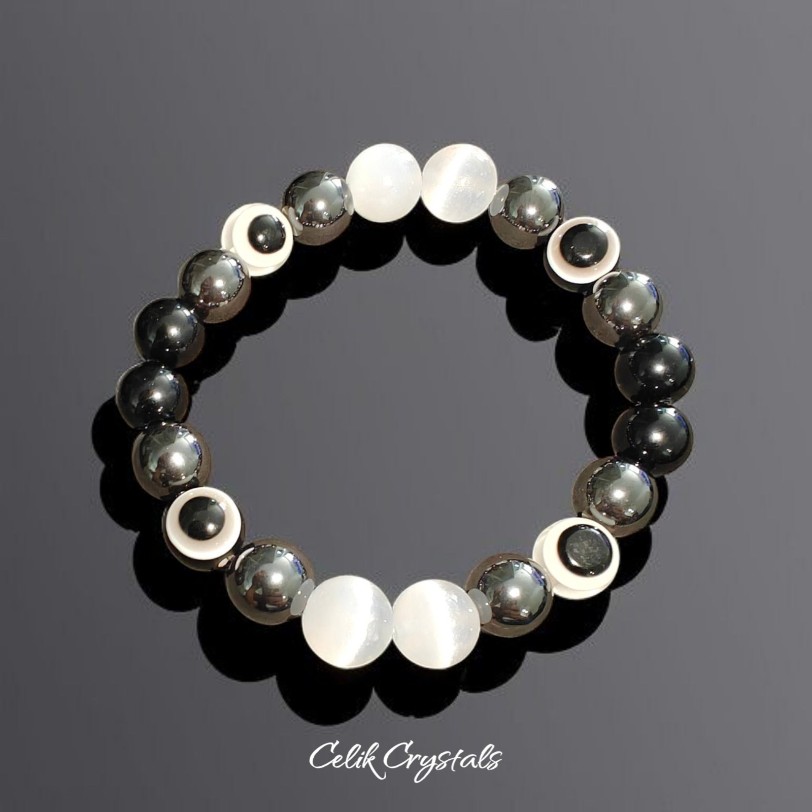 Black Tourmaline Selenite Hematite Evil Eye Bracelet 10mm Natural Stones Unisex