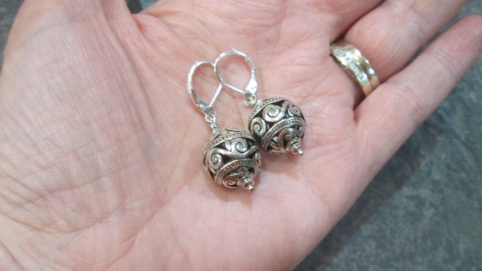 Large Silver Filigree Ball Earrings with Sterling Silver Leverbacks