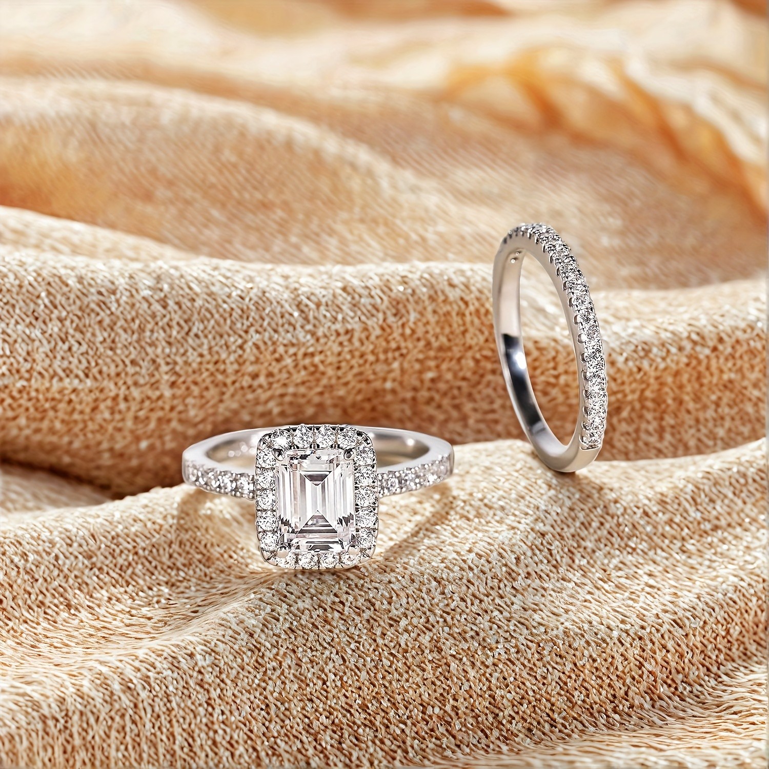 2pcs S925 Silver Moissanite Ring Set 6x8mm Square 2ct Size 6 8 9 10
