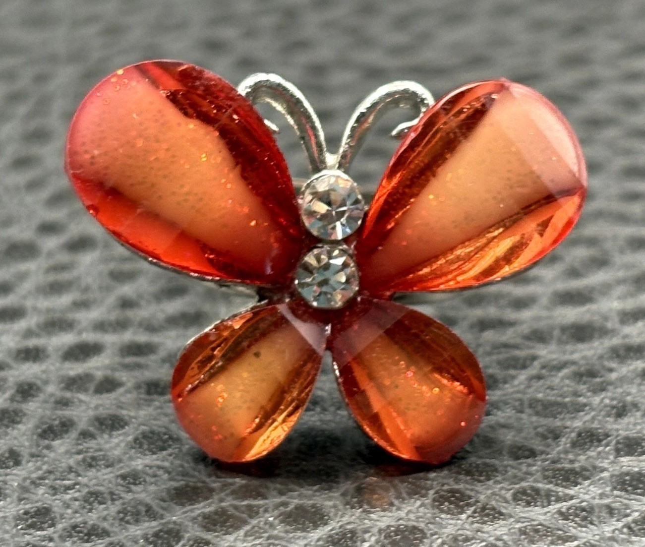 Vintage Crystal Butterfly Orange Red Cocktail Statement Ring Silver Tone