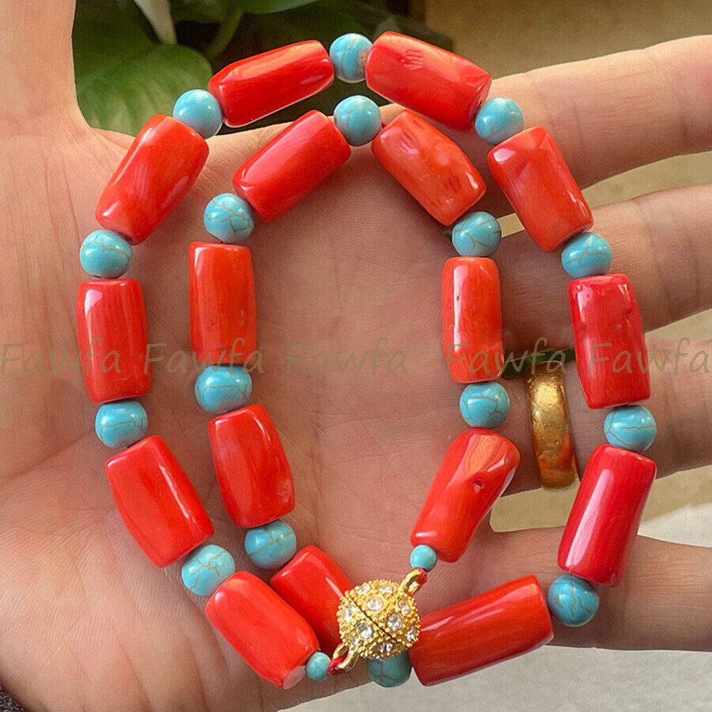 Natural 15-18mm Orange Red Cylinder Coral Blue Turquoise Gems Necklace 14-36 in