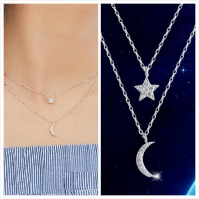 Two layers Star Moon CZ Pendant 925 Sterling silver Necklace Women Gift Box B64
