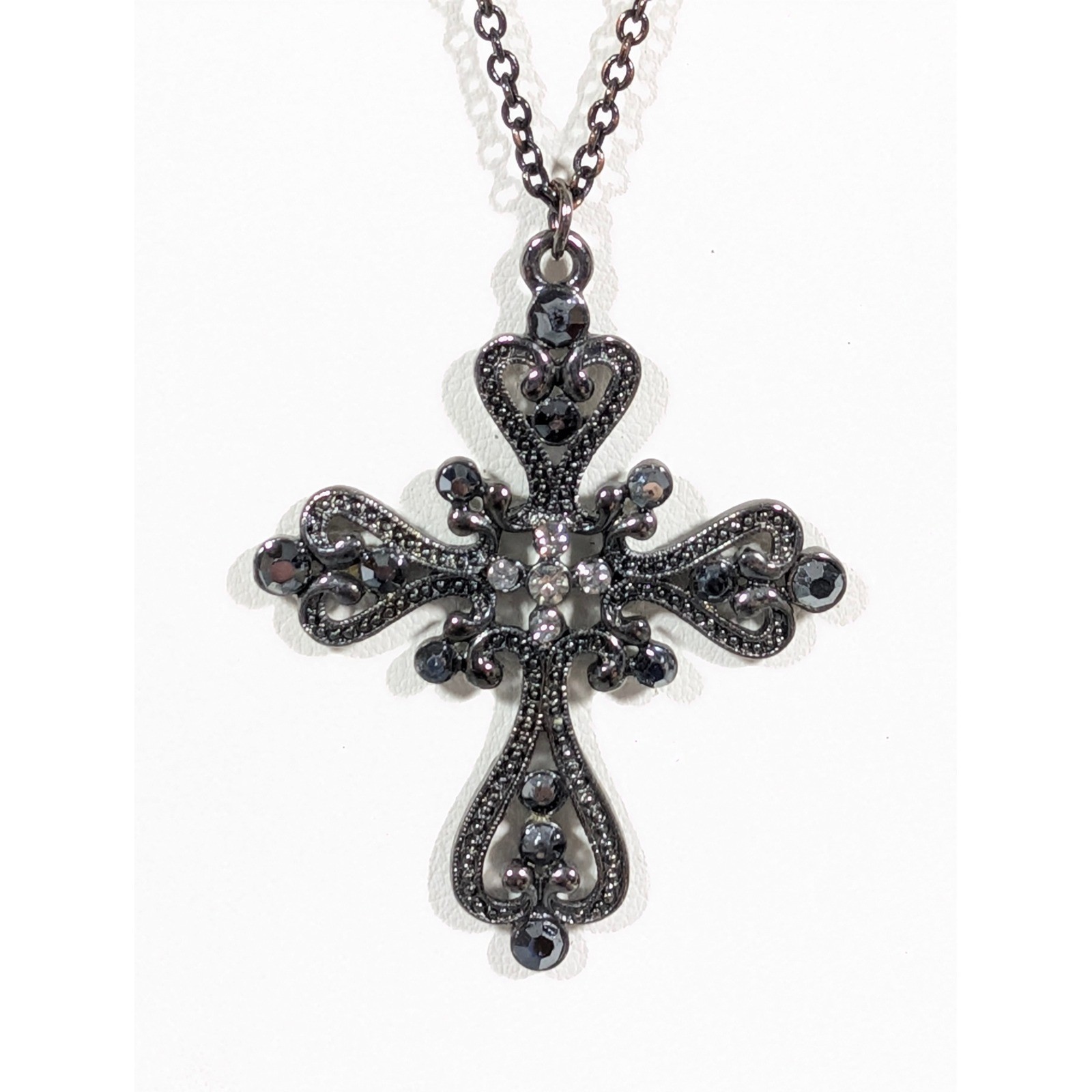 NYC Rhinestone Cross Necklace Gray Black Ornate Gothic Statement 32″
