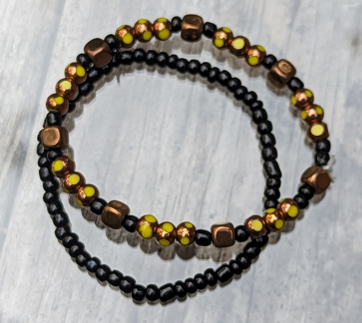 Copper / Black / Yellow Glass Beaded Stretch Artisan Bracelet 7.25″ (18cm) Set