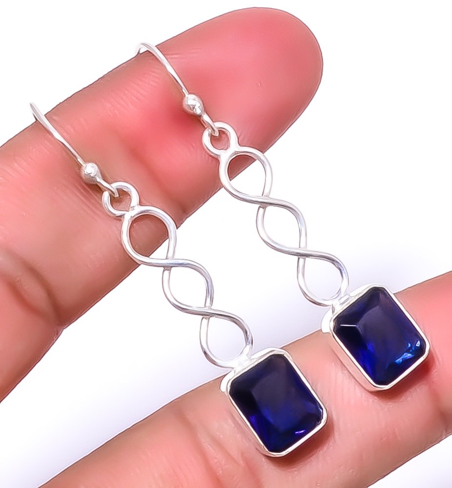 Blue Sapphire (Lab-Created) 925 Silver Plated Spiral Earring 1.79″ A2