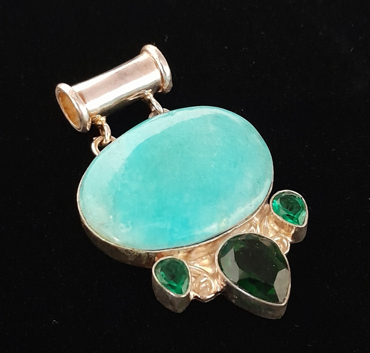 925 Sterling Silver Blue Green Cabochon Pendant Cylindrical Bail 2 inch