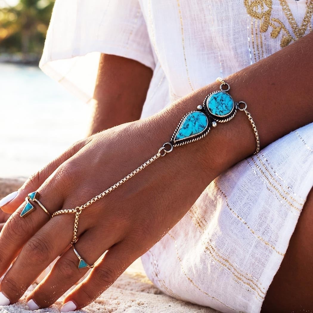 Pack of 2 Adjustable Turquoise Hand Chain Jewelry for Women – Chic Accessories