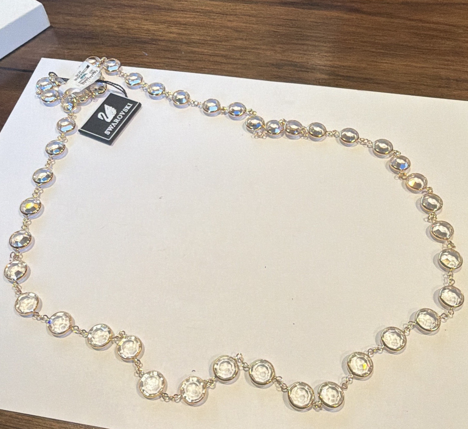 Swarovski Gold Plated Necklace Round Bezel-Set Clear Crystal never worn 34 inch