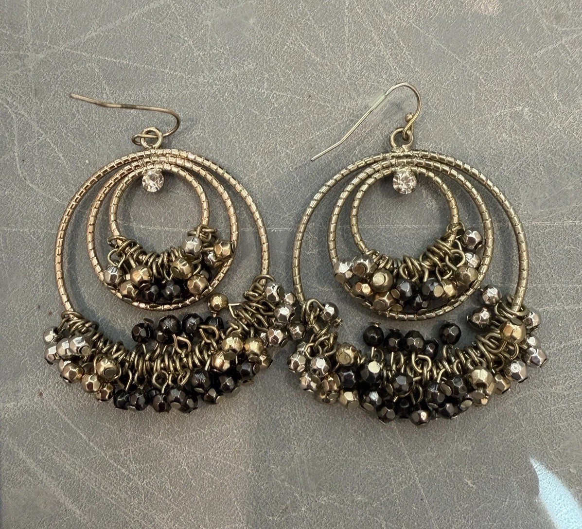 Vintage Boho Beaded Hoop Dangle Earrings Black Gold Tone Statement