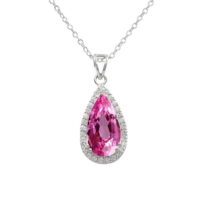Pear Cut Simulated Pink Sapphire Teardrop Pendant Chain In 14k White Gold Plated