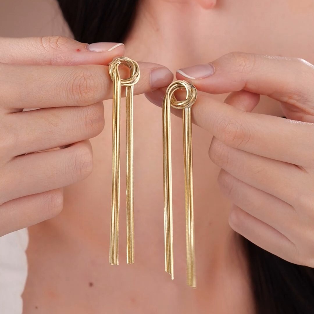 18k yellow gold gp 925 silver tassel strings stud drop dangle designer earrings