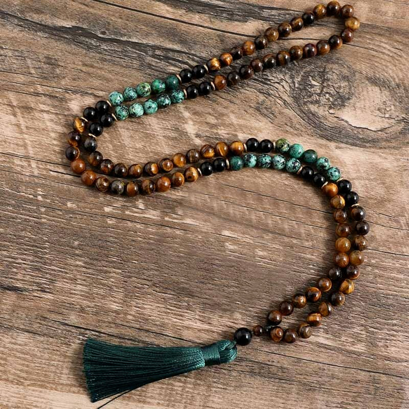 108 Mala Bead Tiger’s Eye Stone & Turquoise Prayer Tassel Healing Necklace Gift