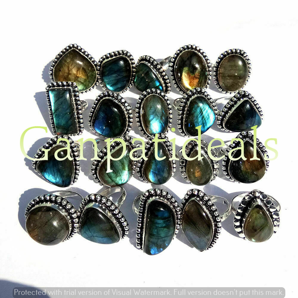 Flashy Labradorite Gemstone 5pcs Wholesale Lot 925 Sterling Silver Plated Rings